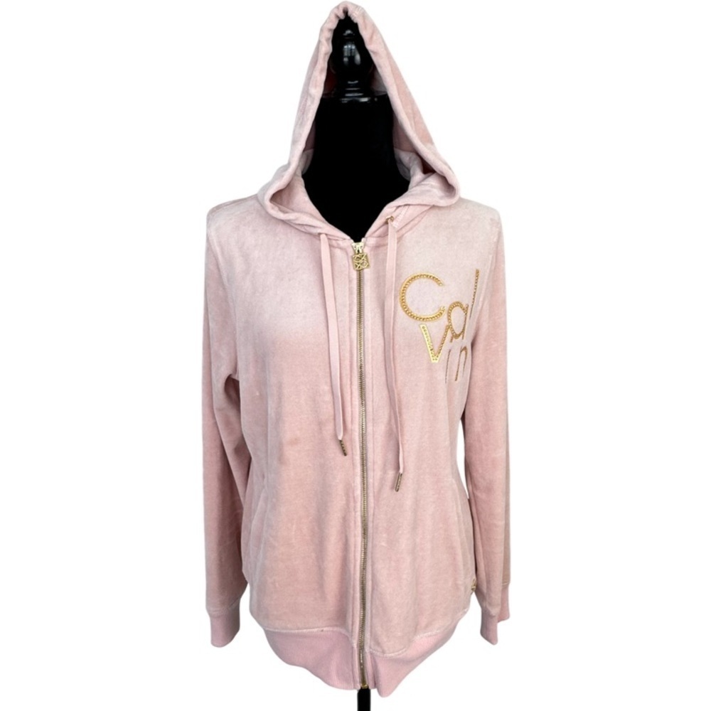✅ Calvin Klein woman’s powder pink full zip velour hoodie sweater size M